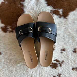 Life Stride Black Slide Mules with Gold Accent